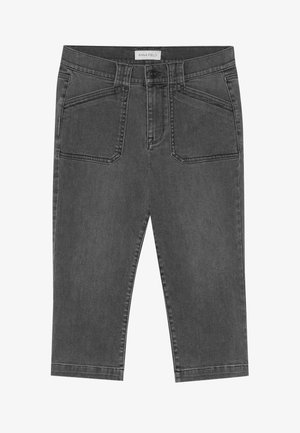 Pelēki džinsa capri bikses ar pieguļošu dizainu, kurām ir priekšējās kabatas, pogu aizdare un nedaudz nolietota tekstūra.