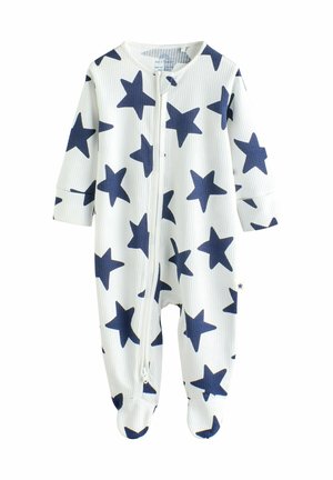 Biele body s námornícko-modrými hviezdičkami, rebrovanou textúrou, dlhými rukávmi, okrúhlym výstrihom a zapínaním vpredu na zips. Obsahuje nožičkové nohavice pre teplo.
