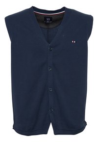 Cardigan sans manches bleu marine, boutonné, avec encolure en V et petit logo tricolore sur le côté gauche de la poitrine, taille moyenne.
