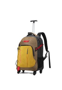 Zaino con ruote in tessuto marrone, giallo e nero. Presenta un manico retrattile, ruote, molteplici tasche e un compartimento laterale in rete.