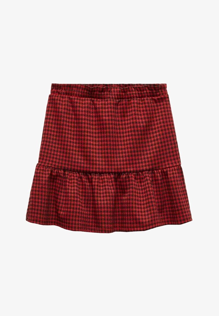 Jupe à carreaux rouge et noir en tissu avec un ourlet à volants. Taille élastique en haut pour le confort.