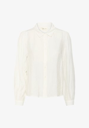 Bluzka z długim rękawem w kolorze kremowym, z guzikami z przodu, z wysmukłą kołnierzykiem, subtelną pionową teksturą i mankietami.