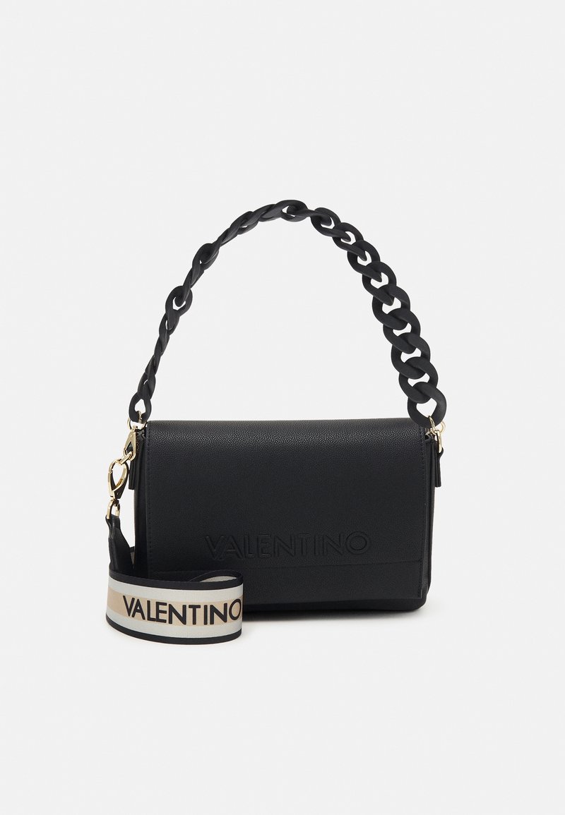 Black leather handbag with a textured finish, featuring a thick chain handle and a detachable strap with "VALENTINO" in gold.