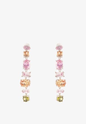 Hängende Ohrringe mit sieben mehrfarbigen Edelsteinen in Pink-, Orange- und Grüntönen, gefasst in silbernen Krappen, vertikal angeordnet.
