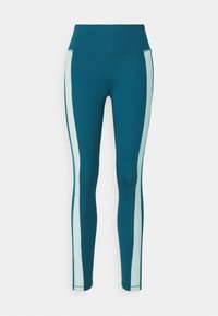 Leggings taille haute couleur bleu sarcelle avec panneaux latéraux bleu clair, avec une coupe ajustée et un tissu doux et extensible pour le confort.