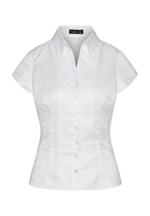 Blouse blanche ajustée à manches courtes avec col pointu et fermeture boutonnée à l'avant, coutures cintrées pour une silhouette mince.