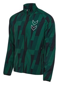 Groene en zwart gestreepte jas van rekbare stof, voorzien van een hoge kraag, volledige rits en zijzakken. Opvallende chevronaccent.