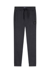 Mørkegrå træningsbukser med elastisk waistband, snøre, sidelommer og et lille patch-label nær venstre lomme. Blød tekstur.