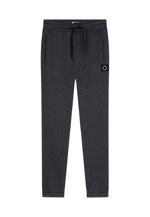 Donkergrijze sweatpants met een elastische tailleband, trekkoord, zijzakken en een klein label vlakbij de linkerzak. Zachte textuur.