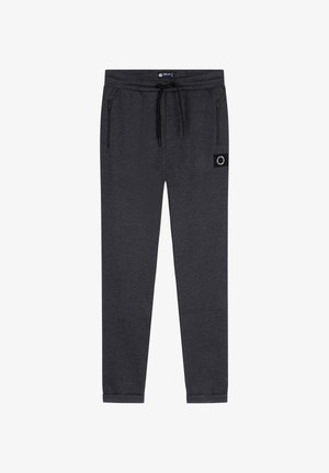 Donkergrijze sweatpants met een elastische tailleband, trekkoord, zijzakken en een klein label vlakbij de linkerzak. Zachte textuur.