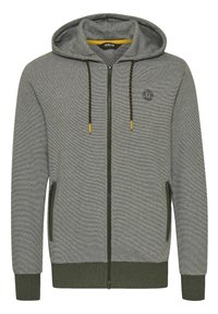 Grijze rits-hoodie met een textuurpatroon, groene accenten, voorkruiszakken en contrasterende trekkoorden. Bevat een logo op de borst.