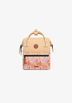 Tan corduroy bag with a patterned floral front pocket, featuring pink, orange, and yellow accents; includes a top handle and zipper details.