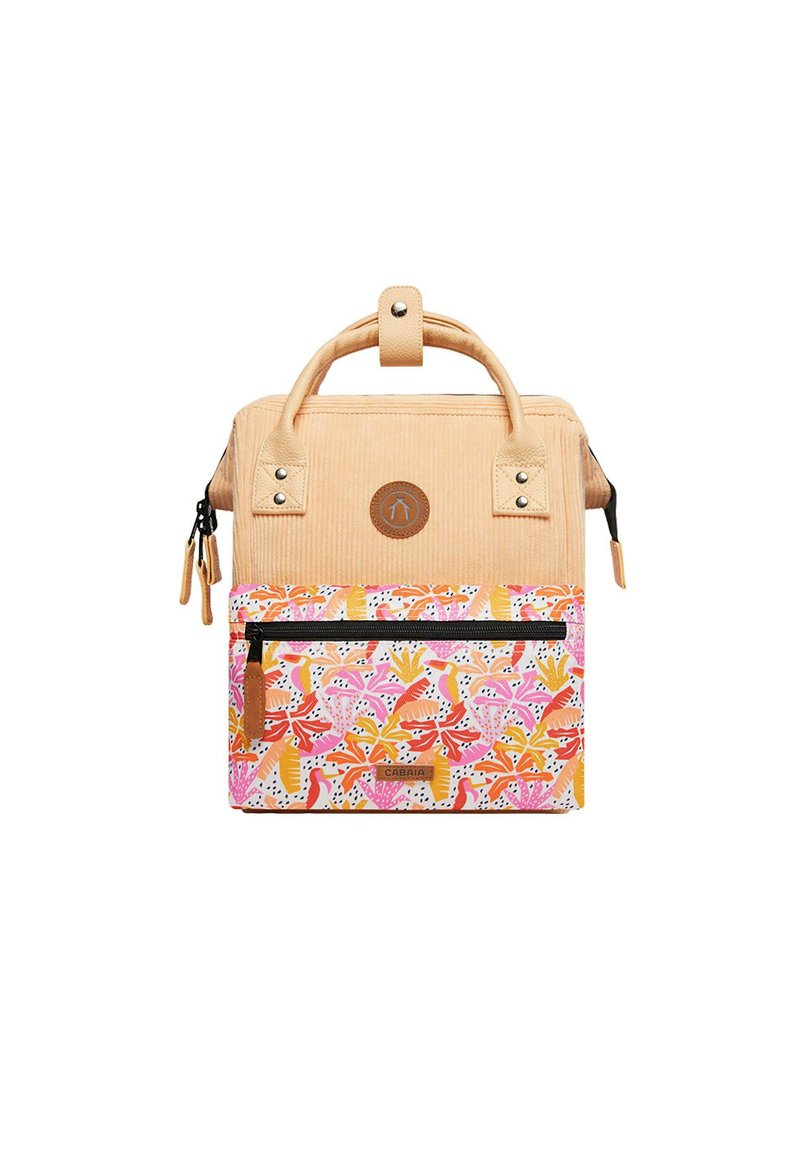 Borsa in corduroy beige con una tasca frontale decorata da un motivo floreale, caratterizzata da accenti rosa, arancioni e gialli; include una maniglia superiore e dettagli con zip.
