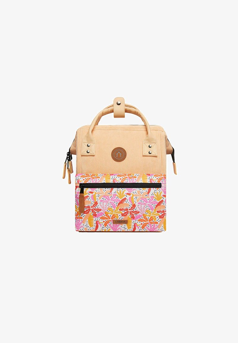Sac en corduroy beige avec une poche avant à fleurs à motifs, ornée d'accents roses, oranges et jaunes ; comprend une poignée supérieure et des détails en zip.