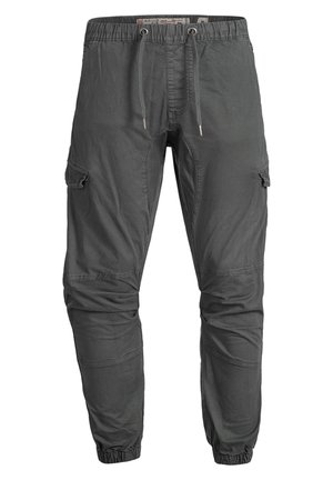 Grijze cargo pants van lichtgewicht stof, met een elastische tailleband met trekkoord, zijzakken en taps toelopende boorden.