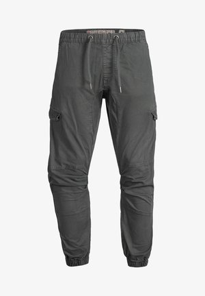 Grey cargo pants made of lightweight fabric, featuring an elastic waistband with drawstring, side pockets, and tapered cuffs.