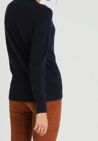 Sininen neulepusero, jossa on istuva malli ja pitkät hihat, yhdistettynä ruosteenvärisiin housuihin. Sileä pinta, vähäisiä yksityiskohtia.