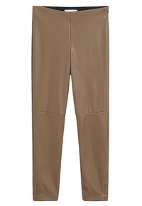 Ruske lažne usnjene legice z gladko teksturo, visokim pasom in gumbnimi detajli pri gležnjih. Vključujejo šive na sprednji strani.