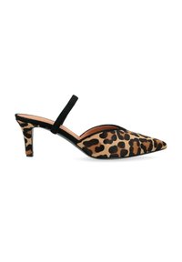 Escarpins à talon slingback imprimé léopard avec un bout pointu, une sangle en daim noir et un talon fin et incliné. Un tissu à imprimé animal élégant recouvre le dessus.