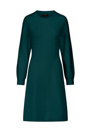 Abito lavorato a maglia di colore teal con scollatura rotonda, maniche lunghe e corpino aderente, caratterizzato da un motivo a trecce nella parte superiore e tessuto a coste nella parte inferiore.