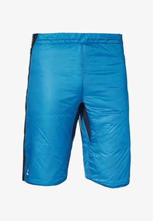 Modré sportovní šortky s hladkým povrchem, elastickým pasem a černými bočními panely. Na dolní levé části je umístěno logo.