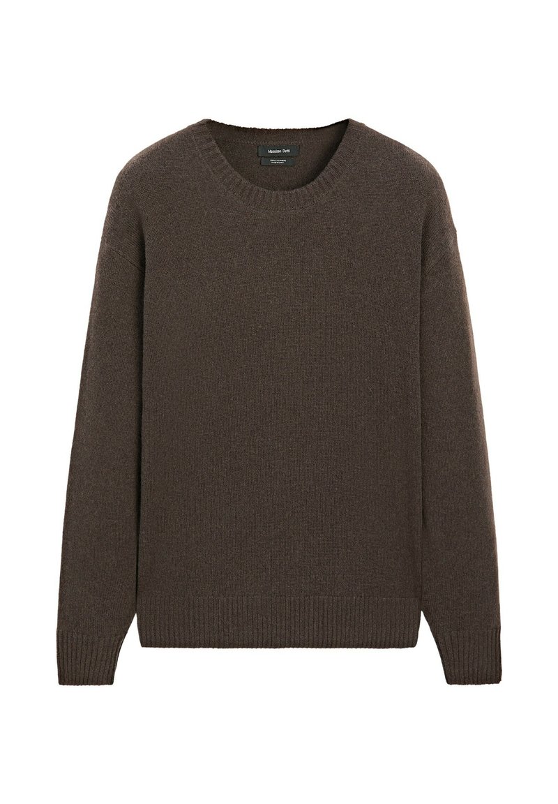 Dunkelbrauner, langärmeliger Wollpullover mit Rippbündchen, Saum und Rundhalsausschnitt, flach auf einem weißen Hintergrund präsentiert.