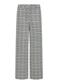 Pantalons larges en tissu léger avec un motif géométrique bleu et blanc, taille mi-hauteur et texture lisse.