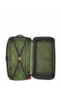 Valigia rossa con un interno a fantasia verde, dotata di cinghie nere e una tasca a rete con cerniere arancioni per un confezionamento organizzato.