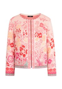 Knit cardigan in pink with floral patterns, round neckline, full sleeves, front button closure, and decorative trim along the hem and cuffs.