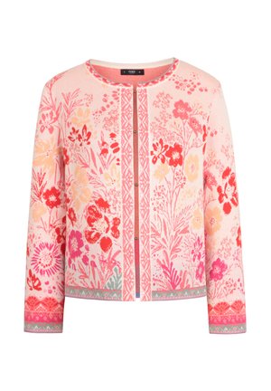Gebreide cardigan in roze met bloemenpatronen, ronde halslijn, lange mouwen, knoopsluiting aan de voorkant en decoratieve afwerking langs de zoom en manchetten.