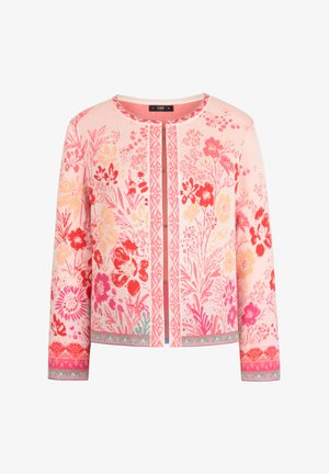 Knit cardigan in pink with floral patterns, round neckline, full sleeves, front button closure, and decorative trim along the hem and cuffs.