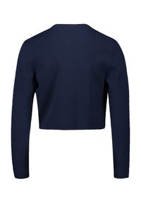Maglione cropped blu navy con maniche lunghe, colletto e polsini a coste, e texture liscia, caratterizzato da un design semplice e pulito.
