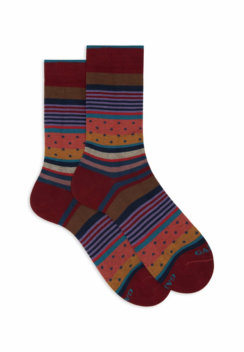 Pair of mid-calf socks with horizontal stripes and polka dots in burgundy, brown, purple, mustard, teal, and navy colors.