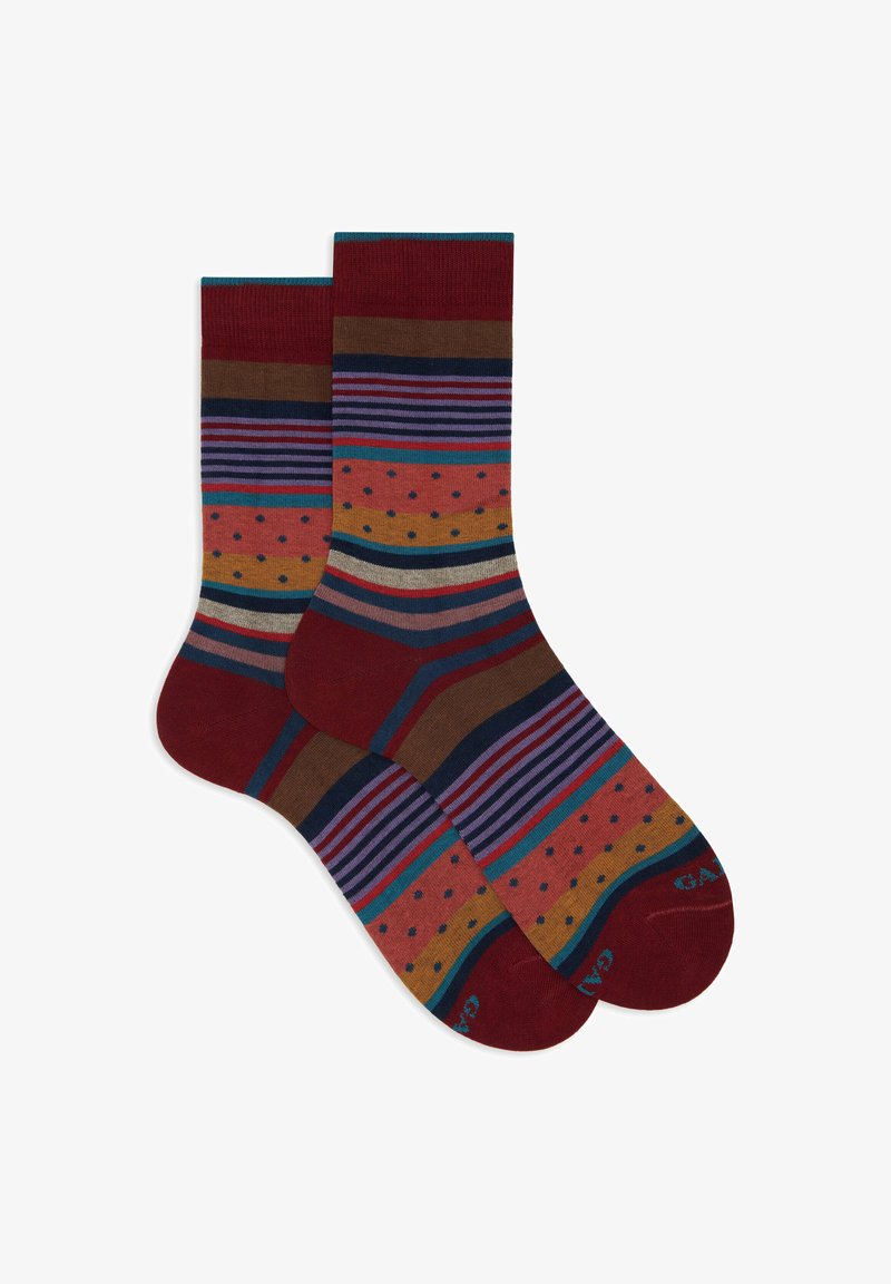 Pair of mid-calf socks with horizontal stripes and polka dots in burgundy, brown, purple, mustard, teal, and navy colors.