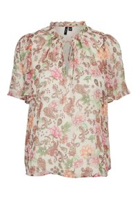 Blouse fleurie en tissu léger et transparent, avec des motifs cachemire et floraux roses, verts et marron ; col à ouverture en forme de trou de serrure avec détail de lien.