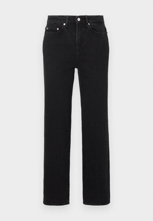 Jeans neri a gamba dritta con vita alta, tasche frontali e posteriori, chiusura con bottone argento e passanti per cintura su sfondo bianco.