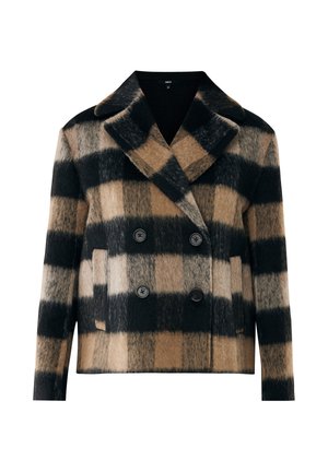 Dubbele jas gemaakt van een geruite wolmix, met zwarte, beige en grijze ruiten, brede revers en twee zwarte knopen.