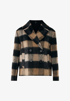 Veste à double boutonnage en laine mélangée à carreaux, avec des motifs noirs, beiges et gris, des revers larges et deux boutons noirs.