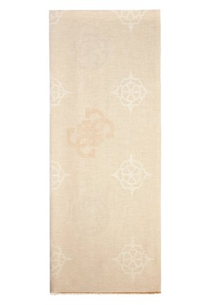 Beige rektangulært tæppe med subtile, gentagne geometriske og blomstermønstre i lysecreme og bløde brune nuancer.