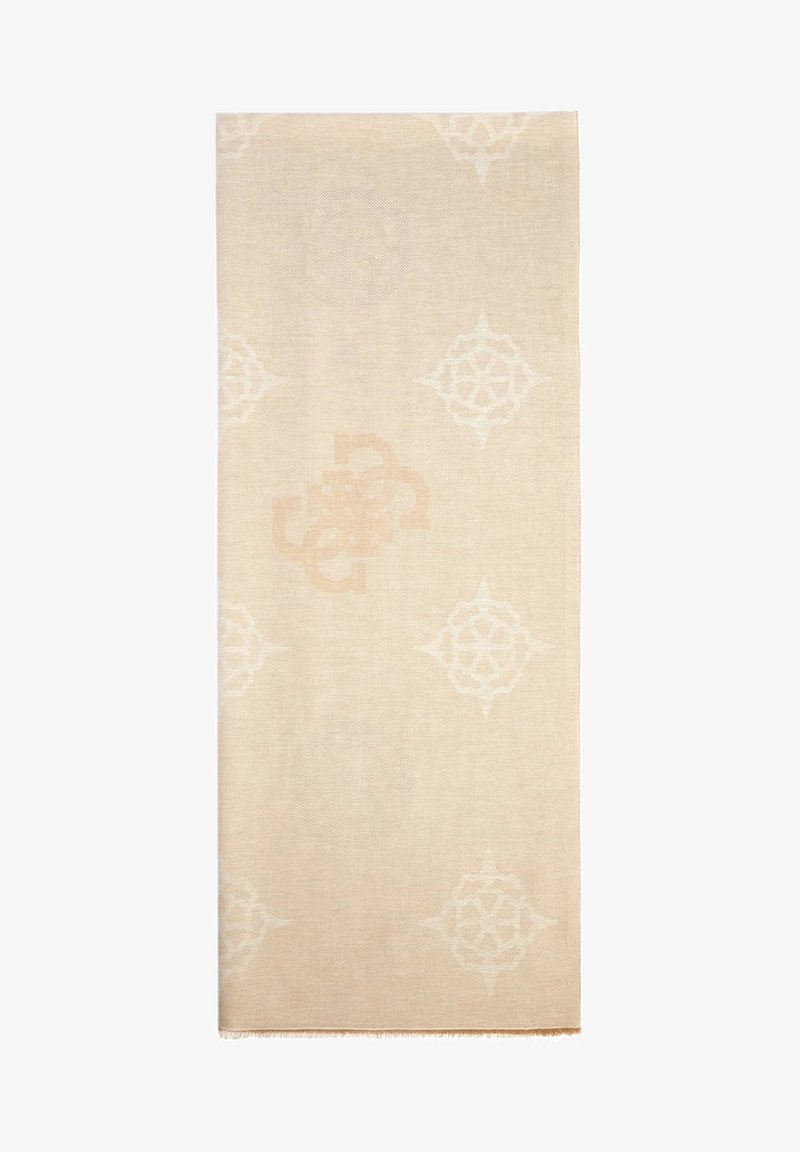 Tapis rectangulaire beige avec des motifs géométriques et floraux subtils et répétitifs en tons crème clair et brun doux.