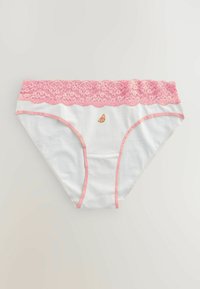 Sous-vêtements féminins blancs avec une ceinture en dentelle rose, un bord rose et un petit motif de tranche de citron centré à l'avant.
