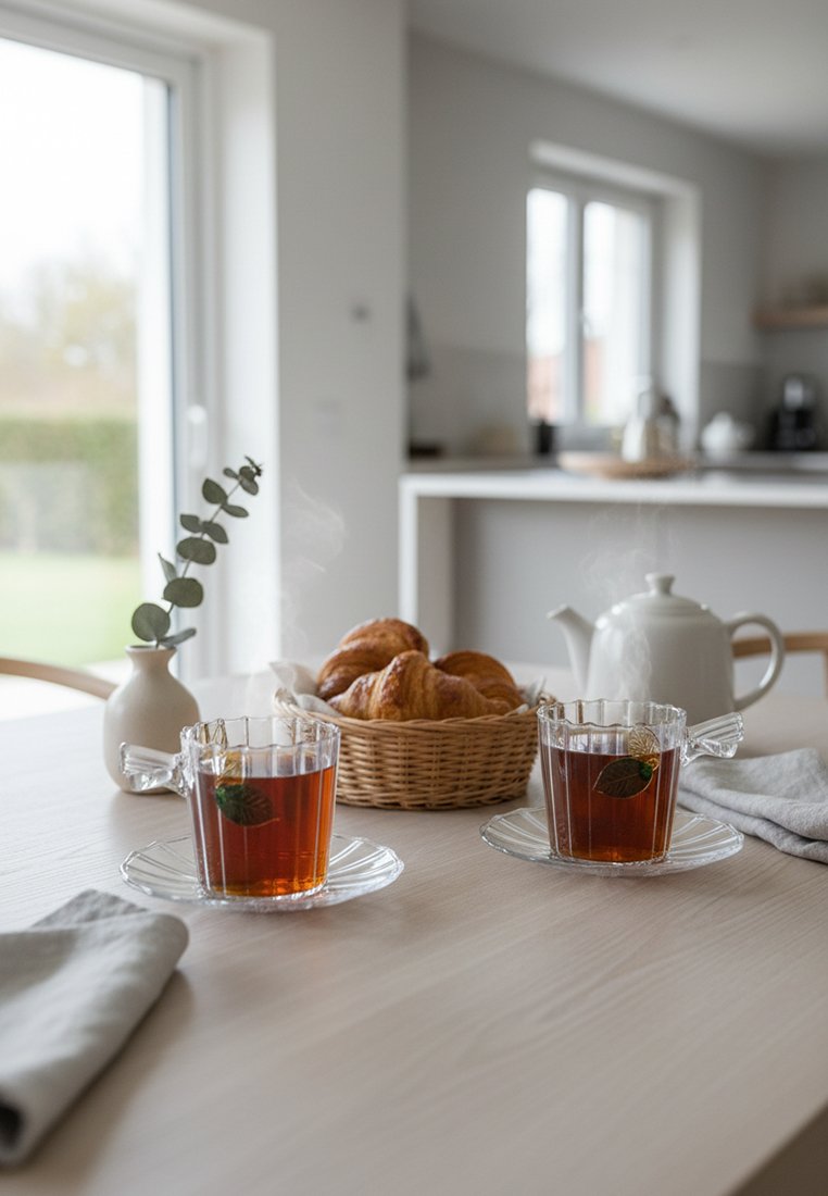 Dwie parujące filiżanki herbaty z metalowymi zaparzaczami na drewnianym stole, koszyk z rogalikami, biały czajnik i wazon z eukaliptusem w jasnej kuchni.