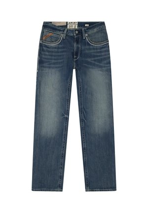 Jean bleu coupe bootcut décontracté avec devant délavé, cinq poches et marquage Ariat sur la ceinture et la poche monnaie.