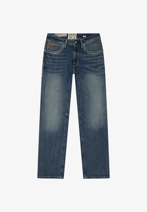Relaxed boot cut blue jeans with faded front, five pockets, and Ariat branding on waistband and coin pocket.