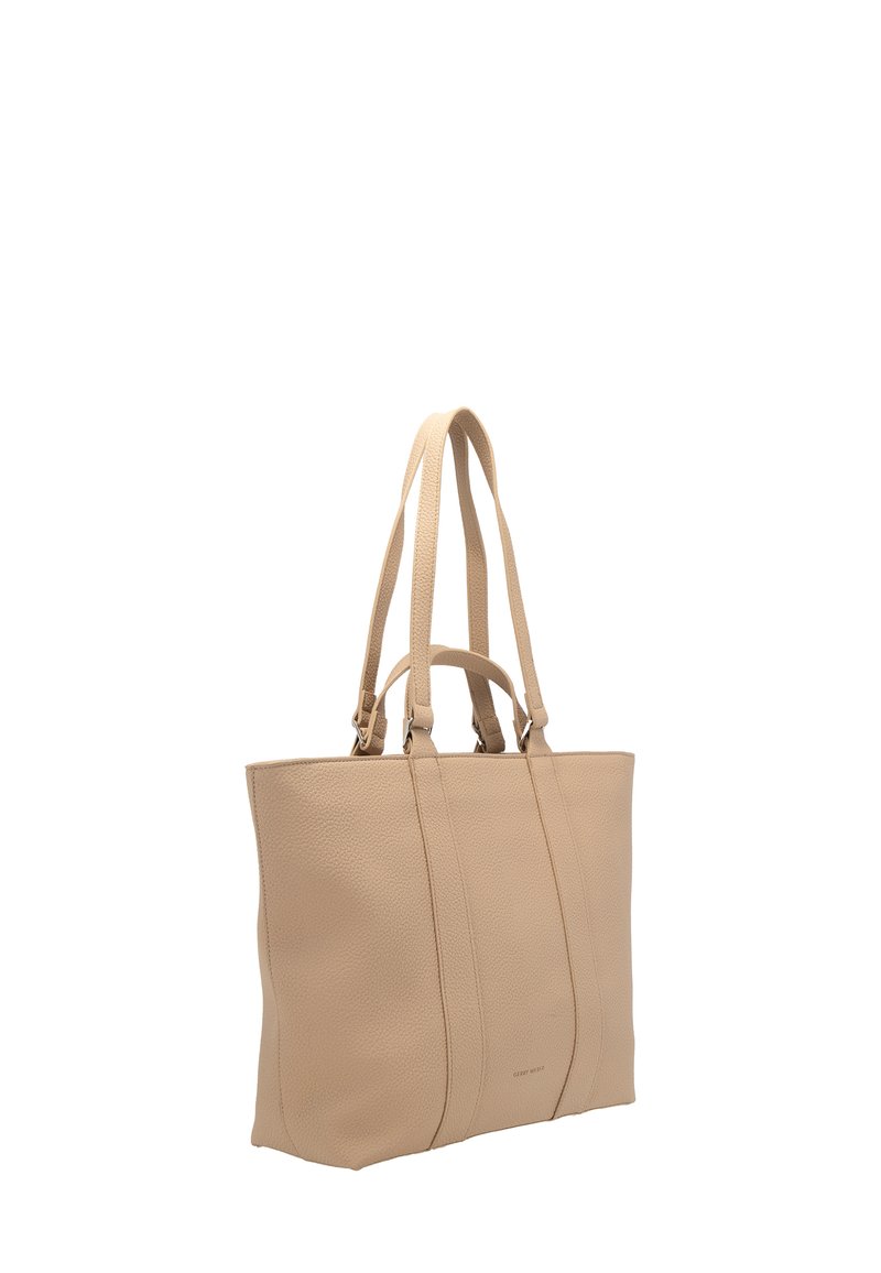 Borsa tote in pelle beige con texture, due manici corti e due manici lunghi, forma rettangolare e logo del marchio discreto al centro in basso.