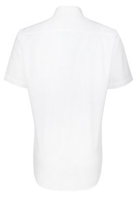 Korte mouwen, kraagshirt van witte stof. Heeft een gladde textuur, strakke lijnen en een eenvoudig achterkantontwerp zonder verdere details.