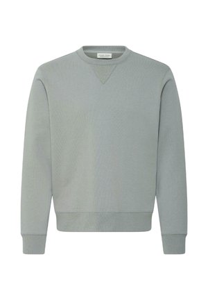 Lysegrå sweatshirt med rund hals, lange ærmer, ribkanter ved ærmer og kant samt en lille trekantet ribdetalje under halsudskæringen.