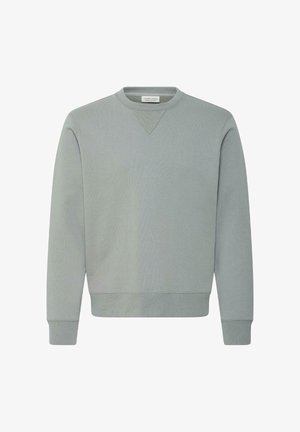 Lysegrå sweatshirt med rund hals, lange ærmer, ribkanter ved ærmer og kant samt en lille trekantet ribdetalje under halsudskæringen.