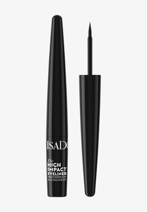 Eye-liner liquide noir avec un applicateur pinceau pointu et une étiquette indiquant "High Impact Waterproof & Longwear."