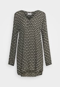 Tunique à manches longues vert foncé avec un motif en éventail symétrique gris clair. Design en V avec une coupe décontractée et un ourlet arrondi.